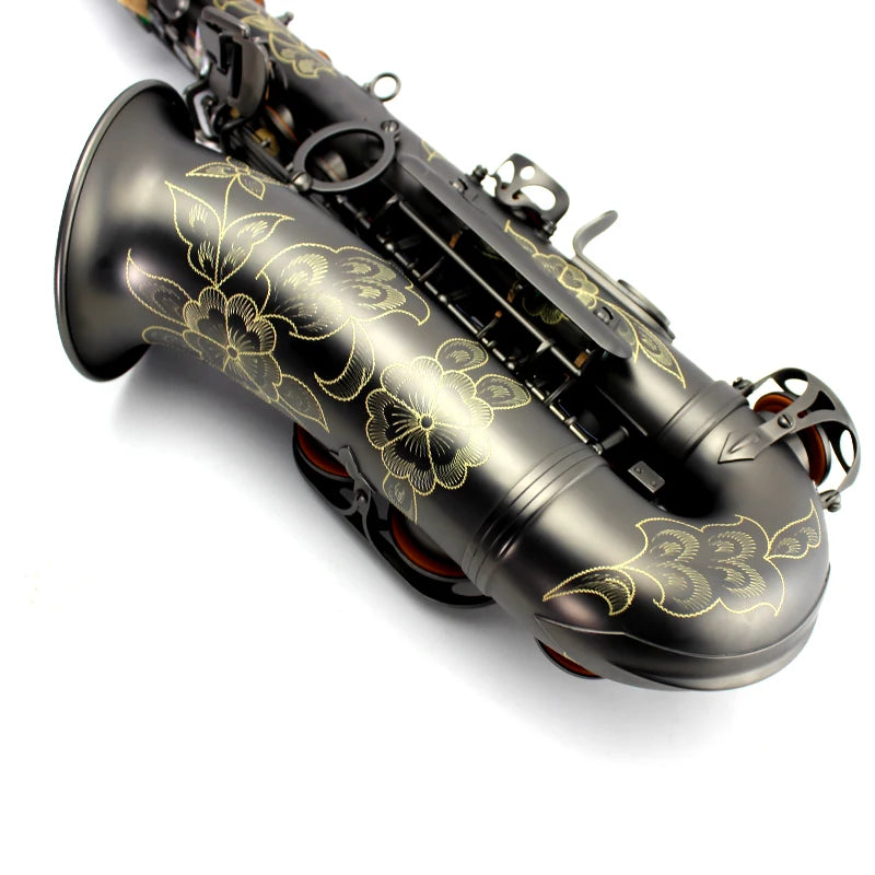Vintage black alto saxophone with abalone-style buttons, product view