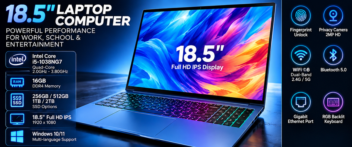 18.5-inch laptop promotional hero image with Full HD display and RGB keyboard