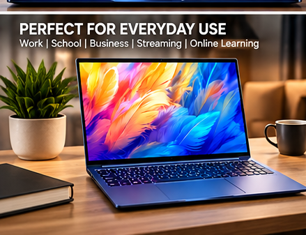 Laptop shown in a home-office productivity setting
