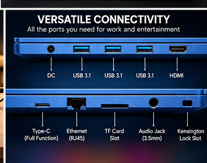 Laptop connectivity ports including USB, HDMI, Ethernet and audio