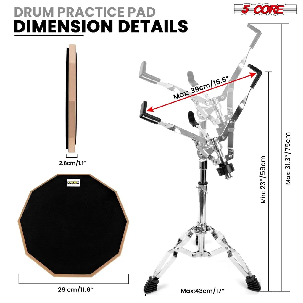Drum Practice Pad Set 12" Adjustable Snare Drumming Stand Double Sided