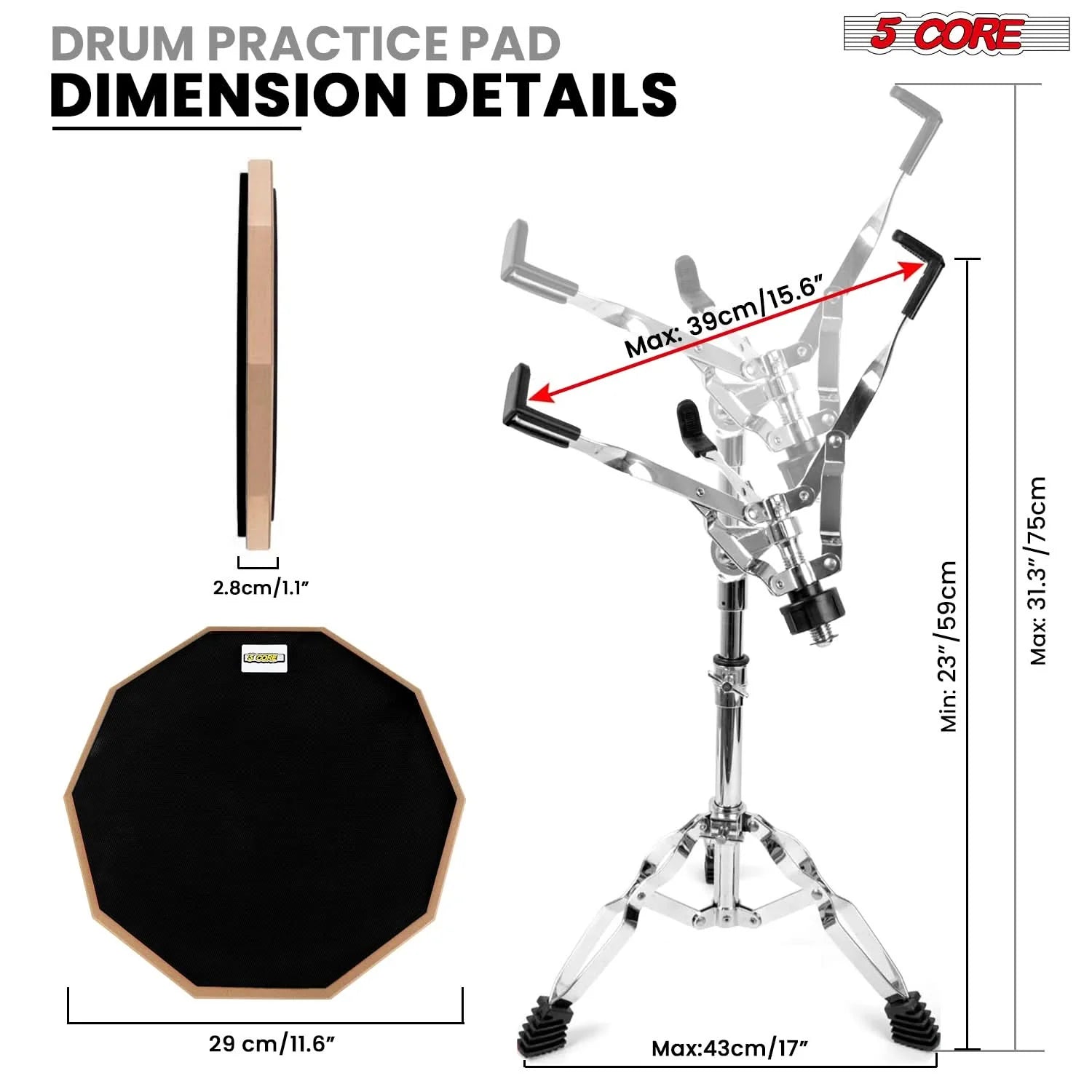 Drum Practice Pad Set 12" Adjustable Snare Drumming Stand Double Sided