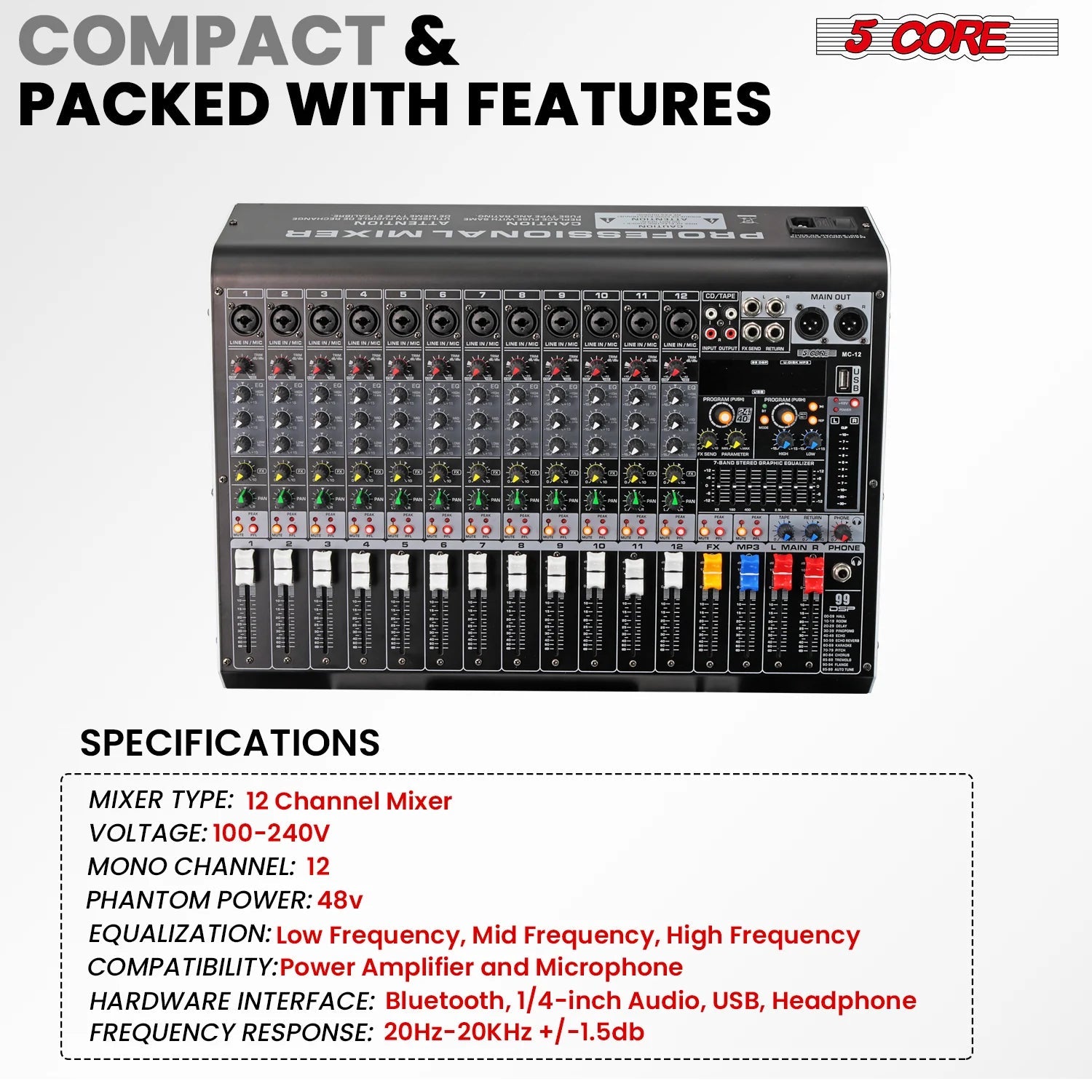 Audio Mixer 12 Channel DJ Equipment with Bluetooth USB Console Sound