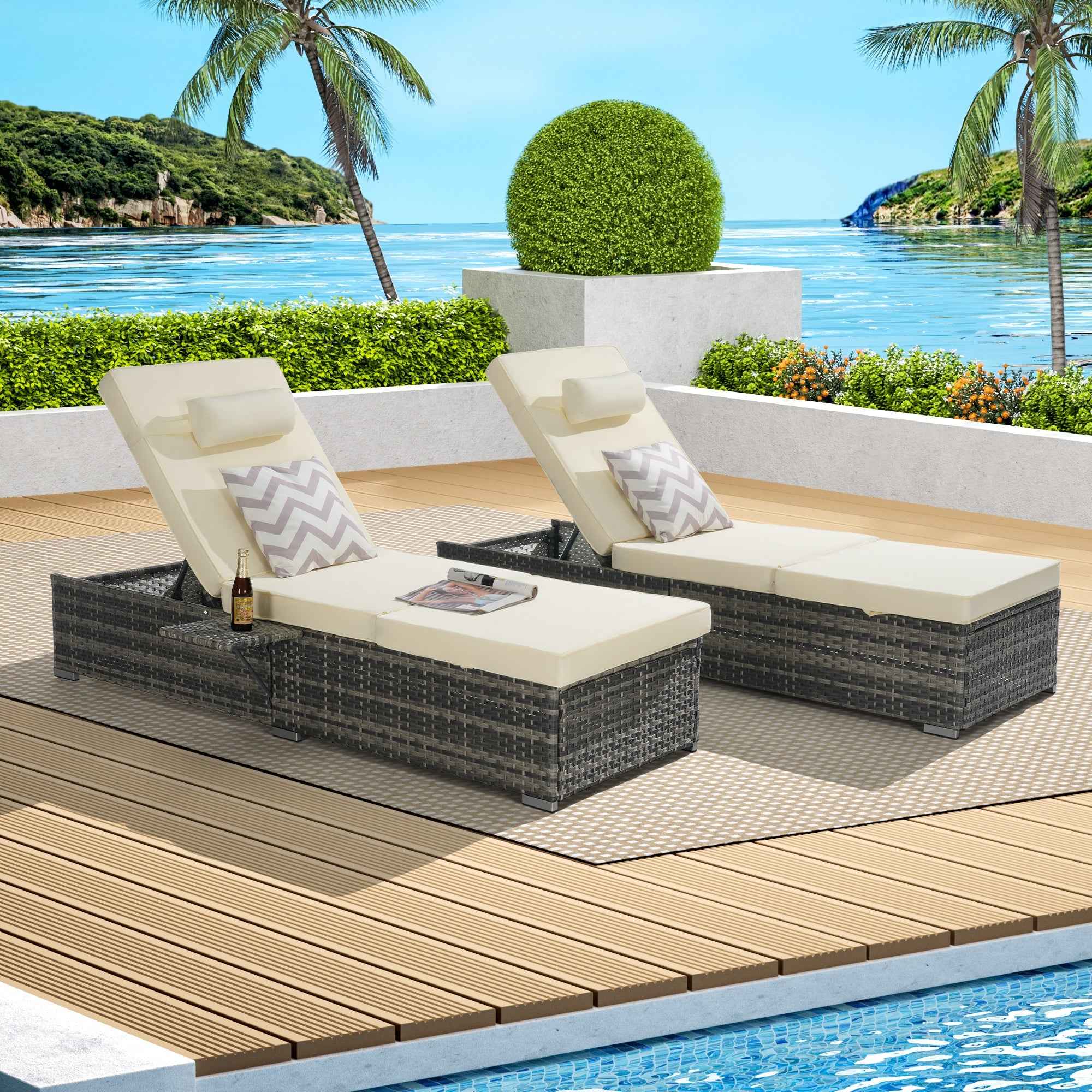 Outdoor Chaise Lounge Chair Set of 2 with Storage Patio Pool Chairs