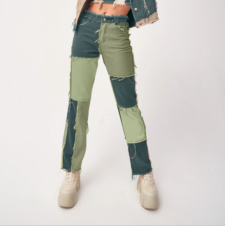 Heritage Thrift Patchwork Contast Color Hip HHigh Waist Street Wear Tassel Jeans Casual Denim Pants eprolo