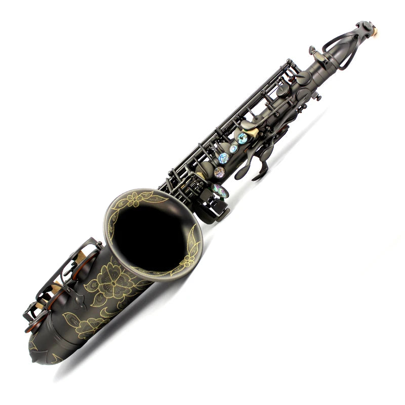 Detail view of the black alto saxophone finish and keywork