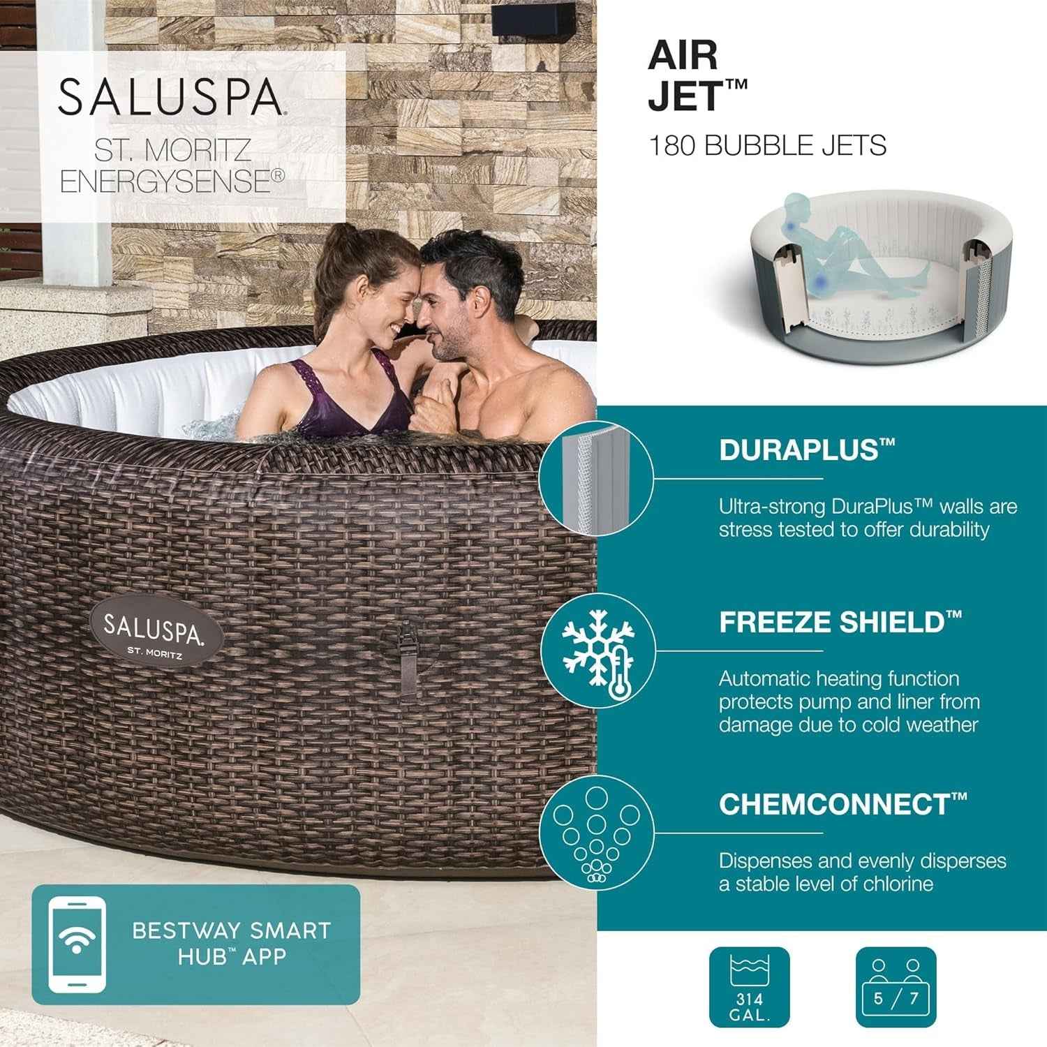 Inflatable Hot Tub 7 Person 180 Jets