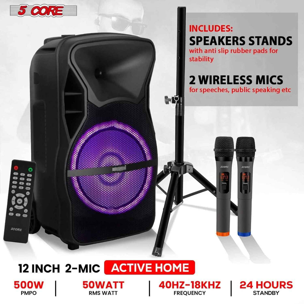 5Core 12 Inch PA Portable Bluetooth Party Speaker Karaoke Boombox + 2