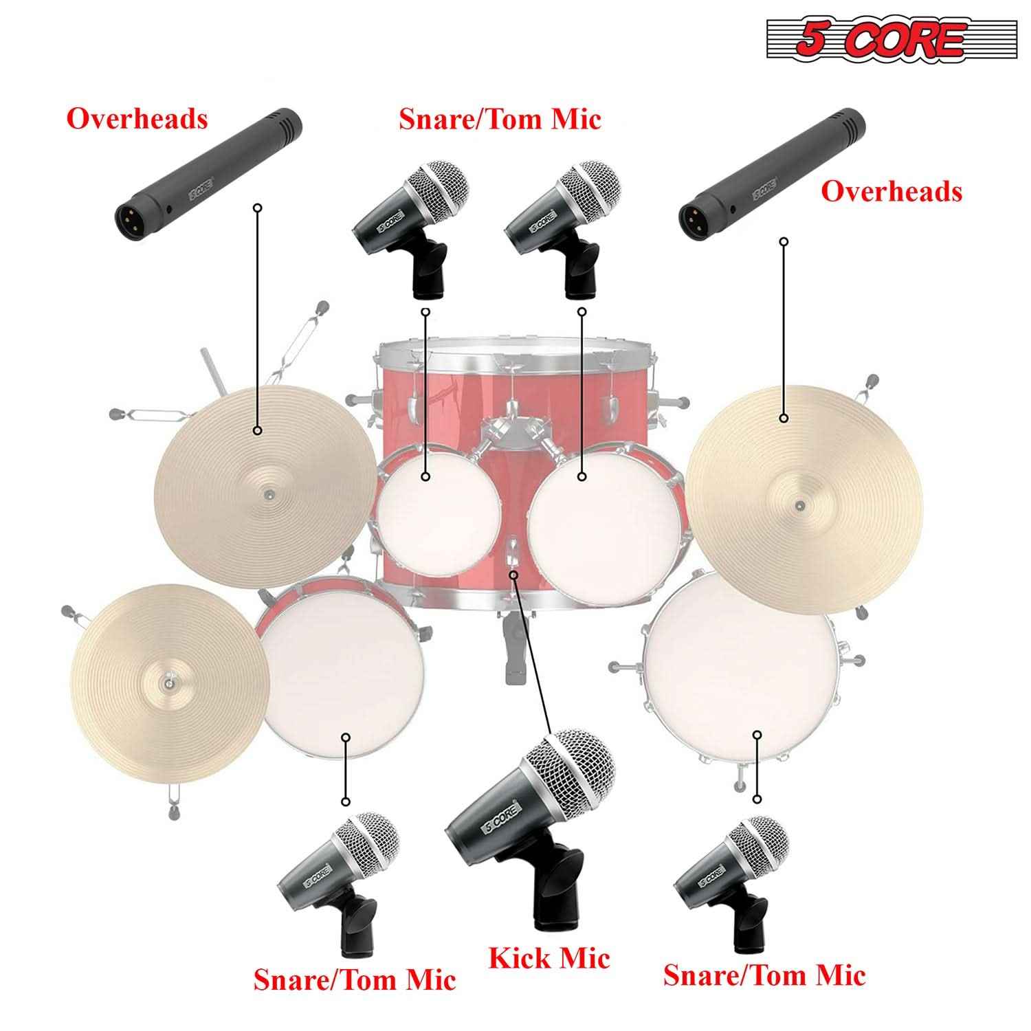 5Core Drum Mic Kit 7 Pcs Kick BassTom Snare Dynamic Mics Instrument
