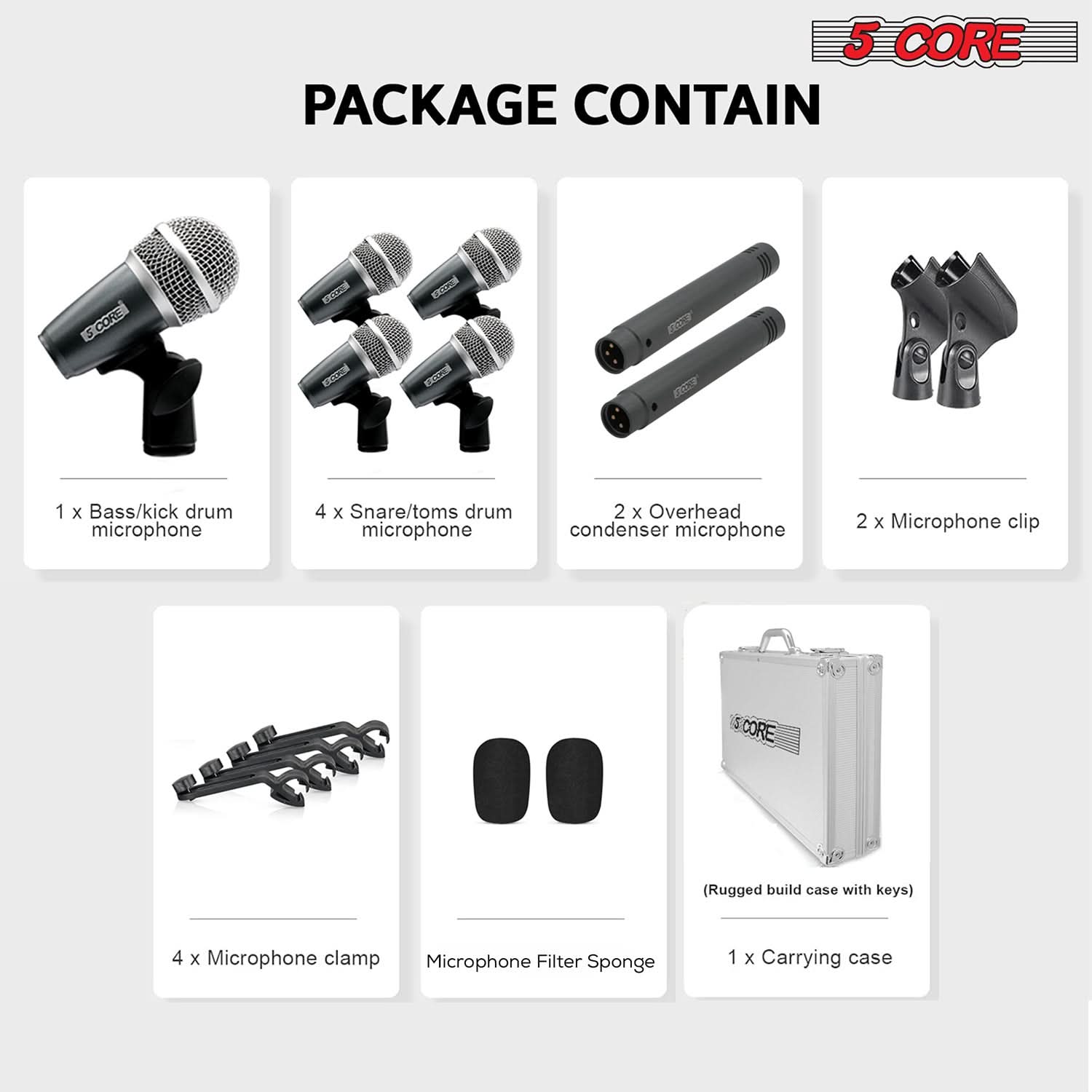 5Core Drum Mic Kit 7 Pcs Kick BassTom Snare Dynamic Mics Instrument