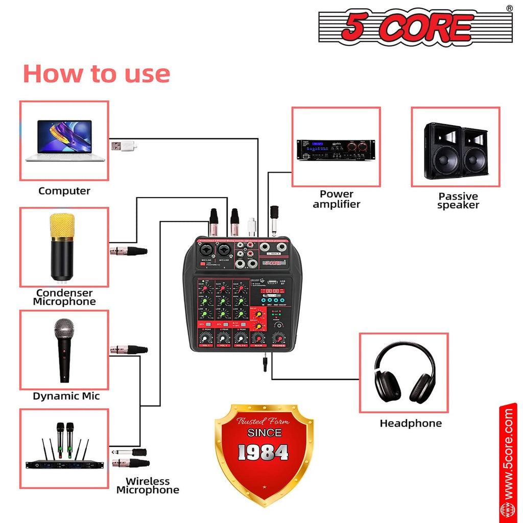 5 Core Audio Mixer 4 Channel DJ Equipment with Bluetooth USB Sound