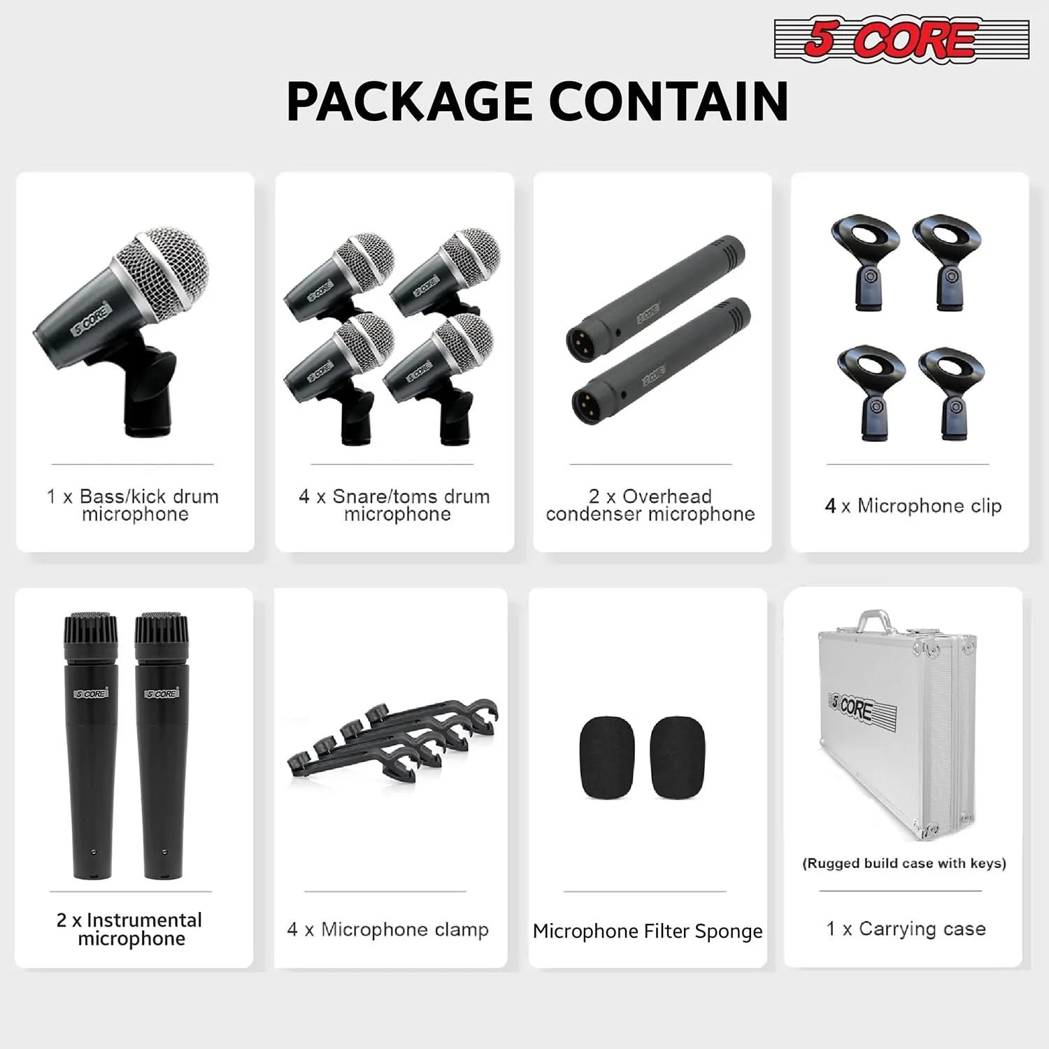 5Core Drum Mic Kit 9 Pcs Kick Basstom Snare Dynamic Mics Instrument
