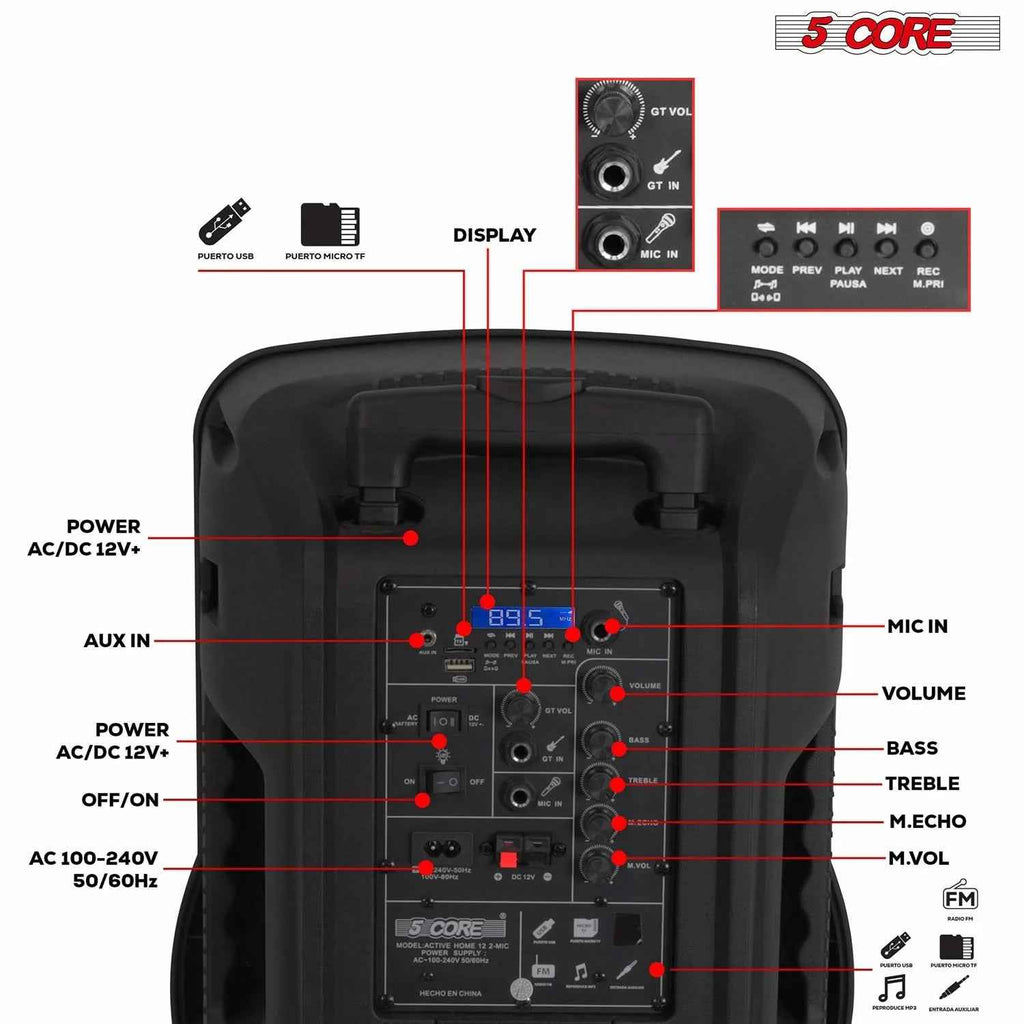 5Core 12 Inch PA Portable Bluetooth Party Speaker Karaoke Boombox + 2