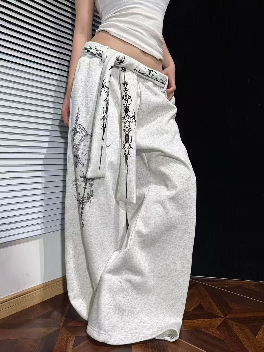 Street Style Pattern Print Detachable Ribbon Multi-Wear Wide Leg Pants eprolo