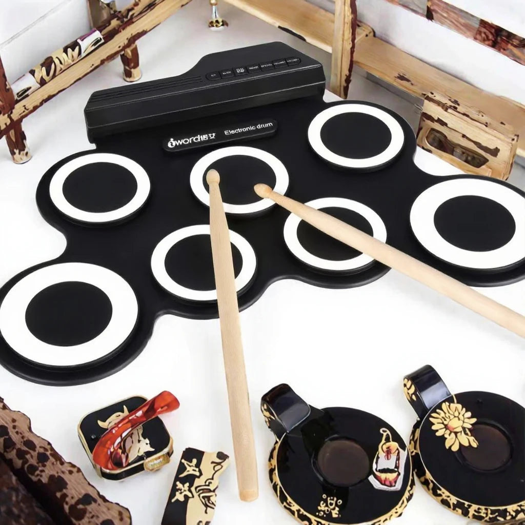 Portable 7-Pad Roll-Up Electronic Drum Set with Headphone Output