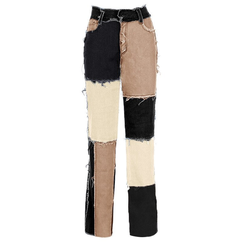 Heritage Thrift Patchwork Contast Color Hip HHigh Waist Street Wear Tassel Jeans Casual Denim Pants eprolo