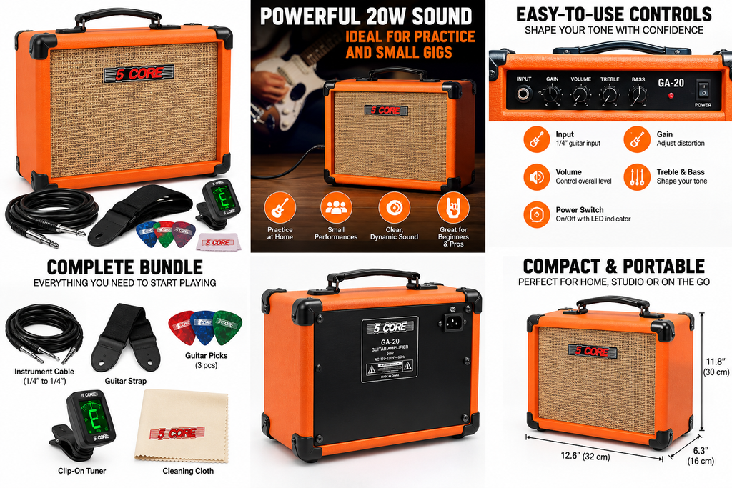 5 Core GA-20 20W orange guitar amplifier bundle with accessories, controls, rear view, and compact dimensions