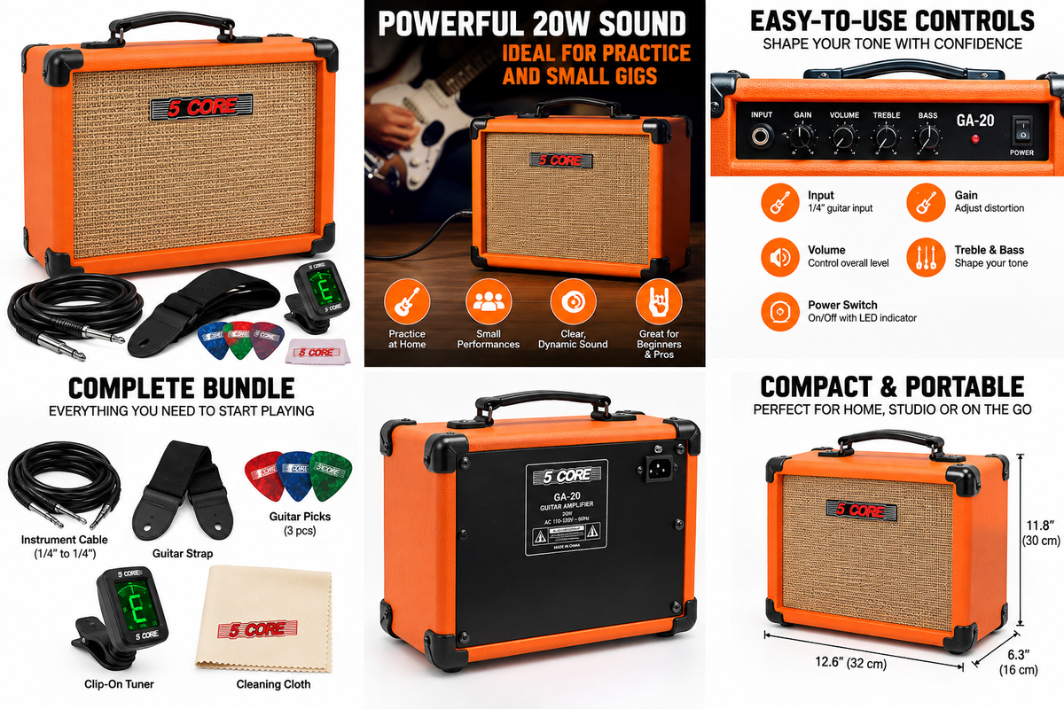 5 Core GA-20 20W orange guitar amplifier bundle with accessories, controls, rear view, and compact dimensions