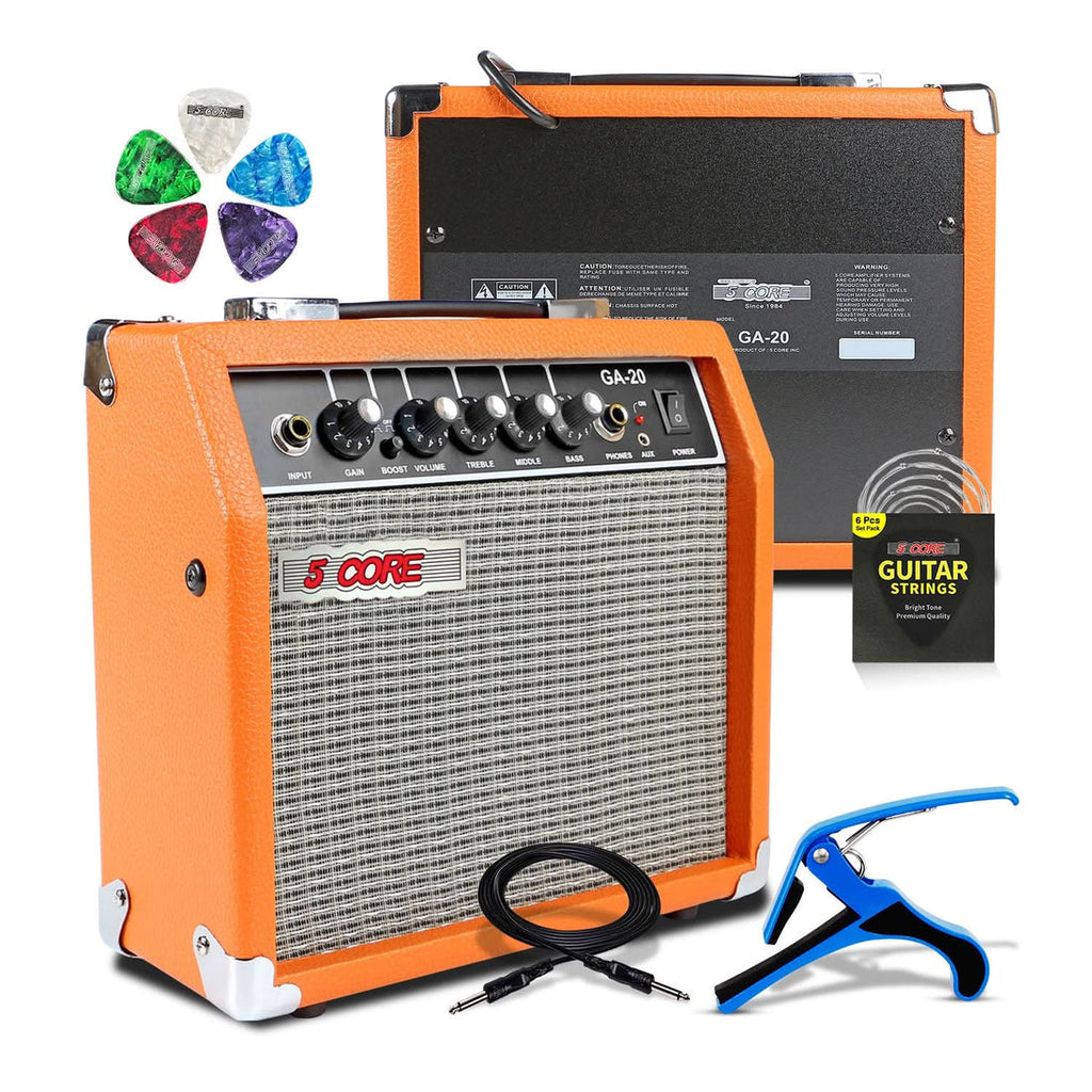 5 Core GA-20 orange 20W guitar amplifier bundle with capo, picks, guitar strings and instrument cable