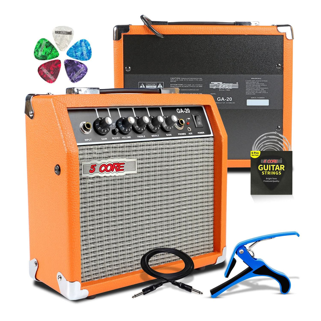 5 Core GA-20 orange 20W guitar amplifier bundle with capo, picks, guitar strings and instrument cable