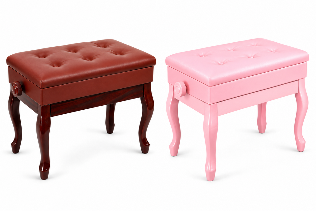 5 Core padded wooden piano benches in cherry and pink finishes on a clean white background