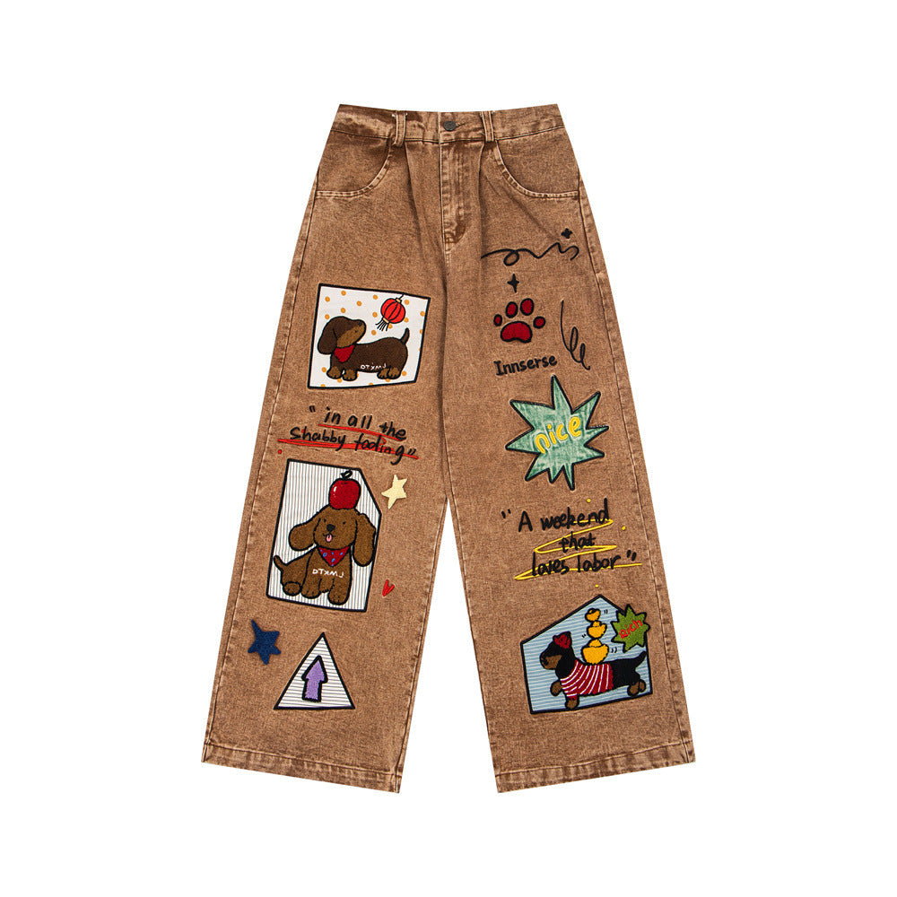Embroidered washed denim jeans