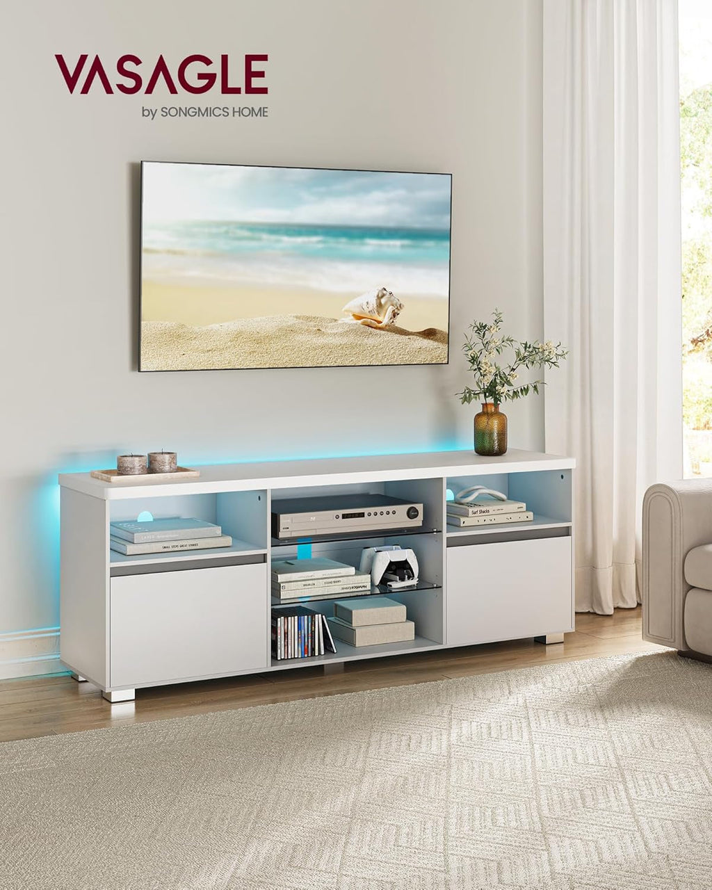 63-Inch LED TV Stand For 70-Inch TVs, White Entertainment Center