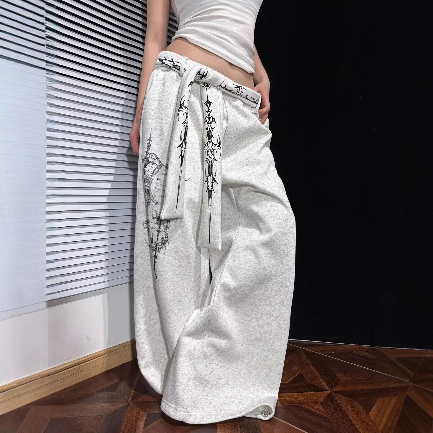 Street Style Pattern Print Detachable Ribbon Multi-Wear Wide Leg Pants eprolo