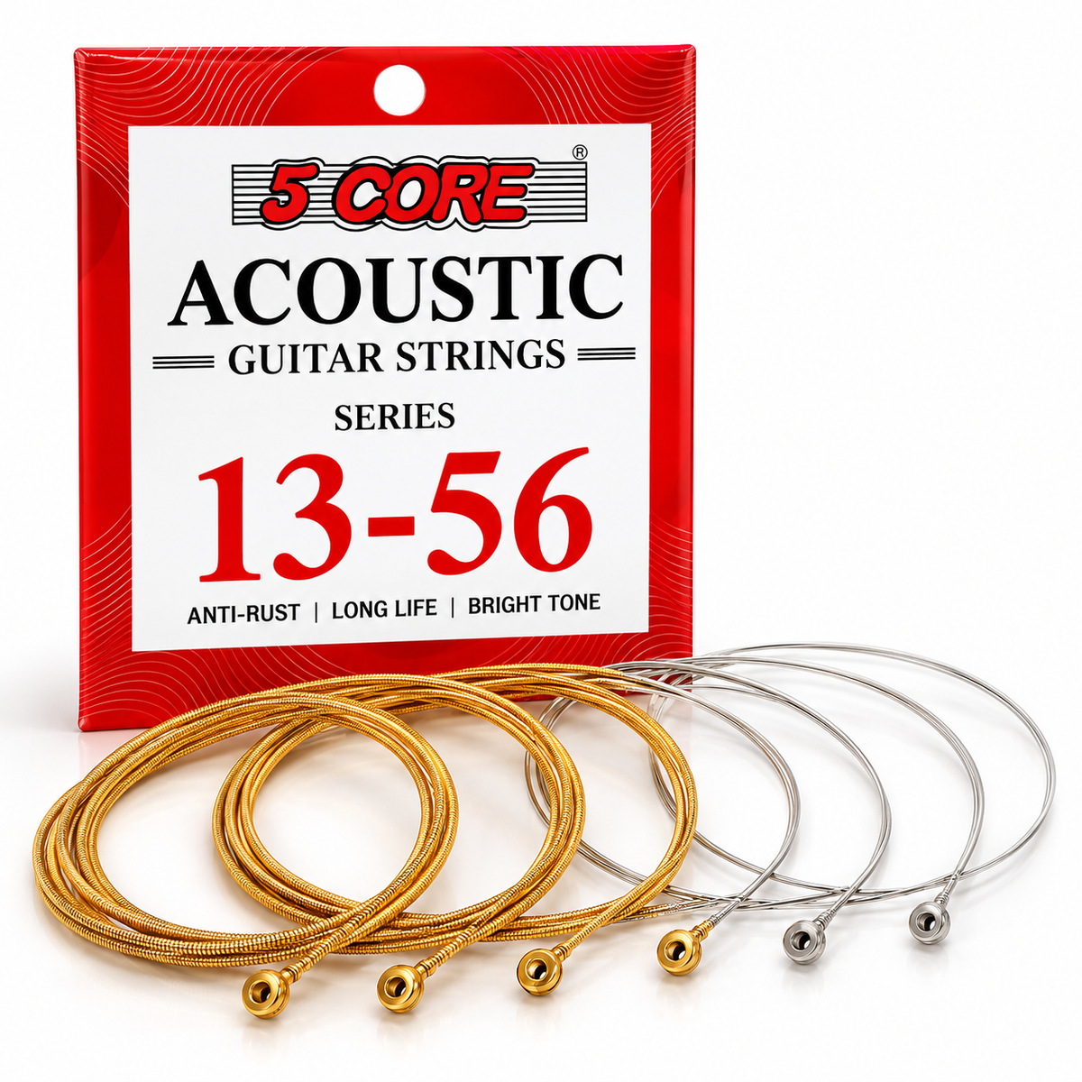 5CORE acoustic guitar strings 13–56 six-string set packaging with coiled strings on white background