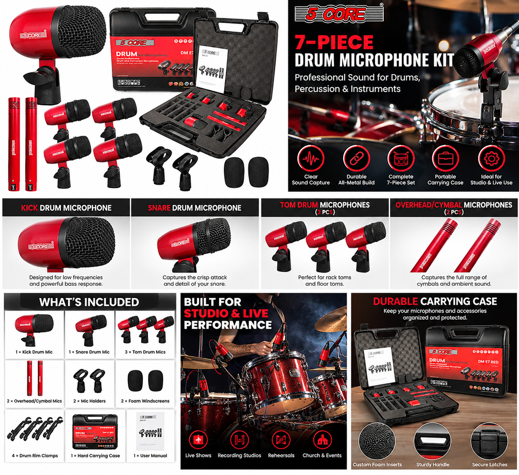 5CORE DM E7 RED drum microphone kit collage showing microphone types, kit contents, carrying case, and drum recording applications