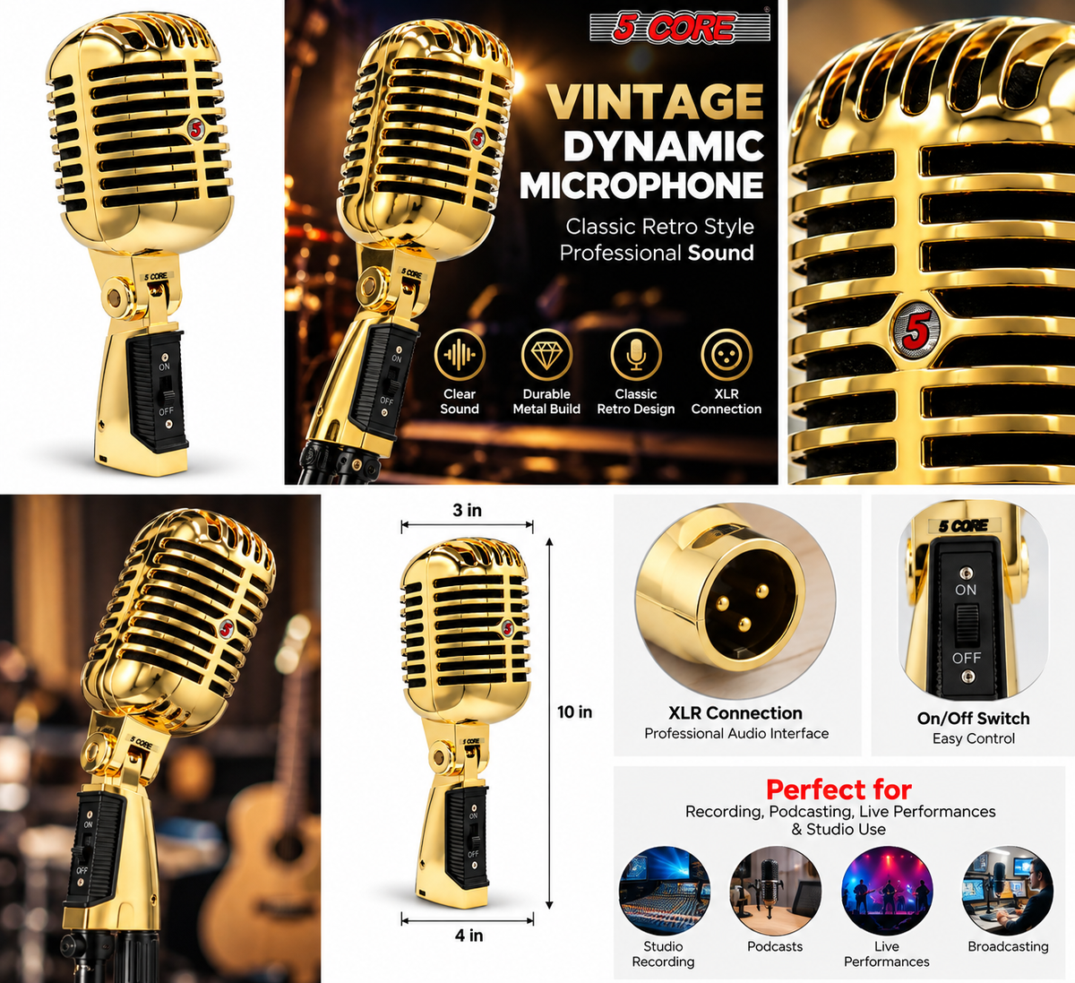 5CORE 7-piece drum microphone kit feature collage with red microphones, carrying case, component close-ups, and studio use