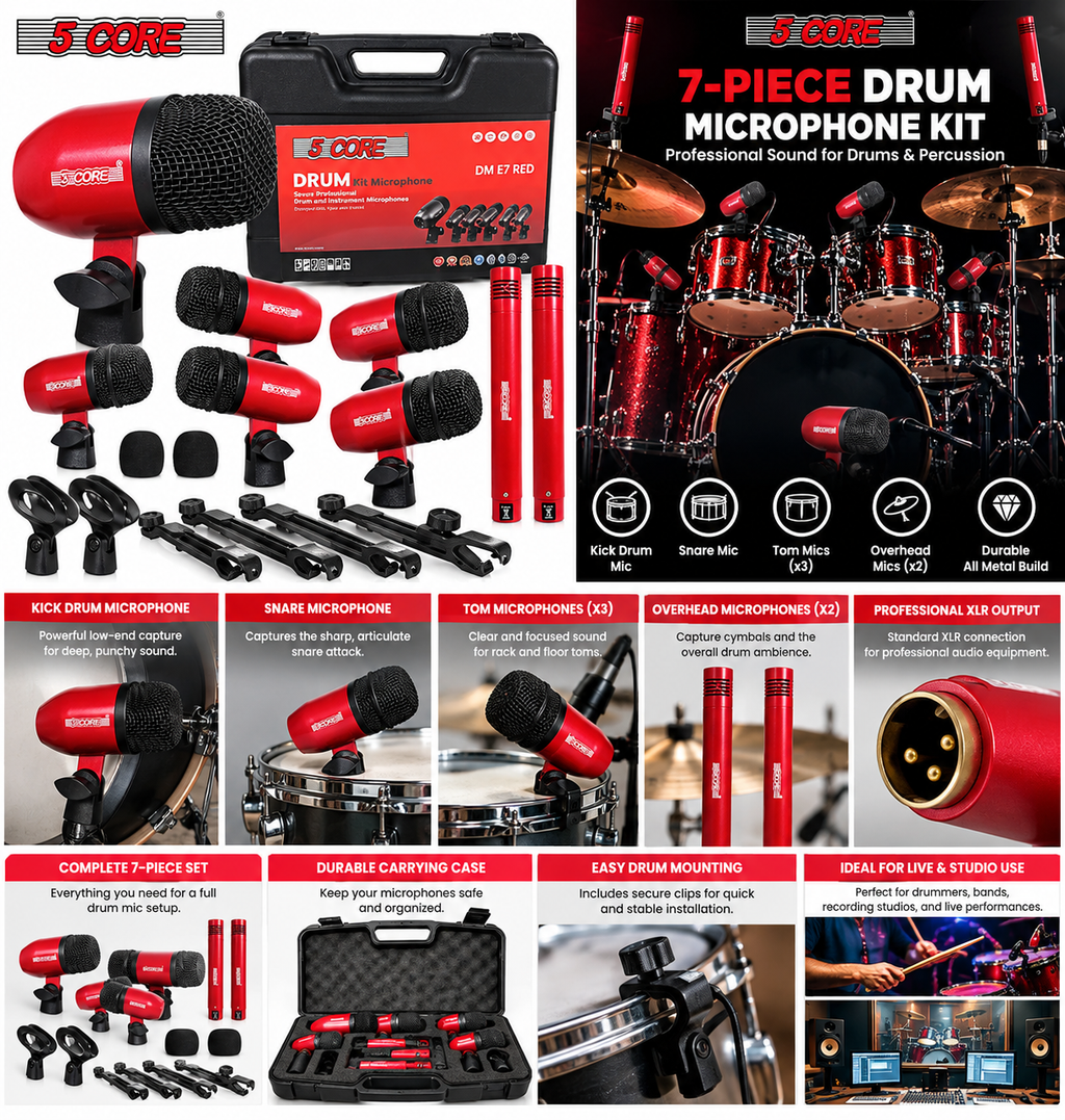 5CORE 7-piece red drum microphone kit collage with kick, snare, tom, overhead mics, case, clips, and XLR detail