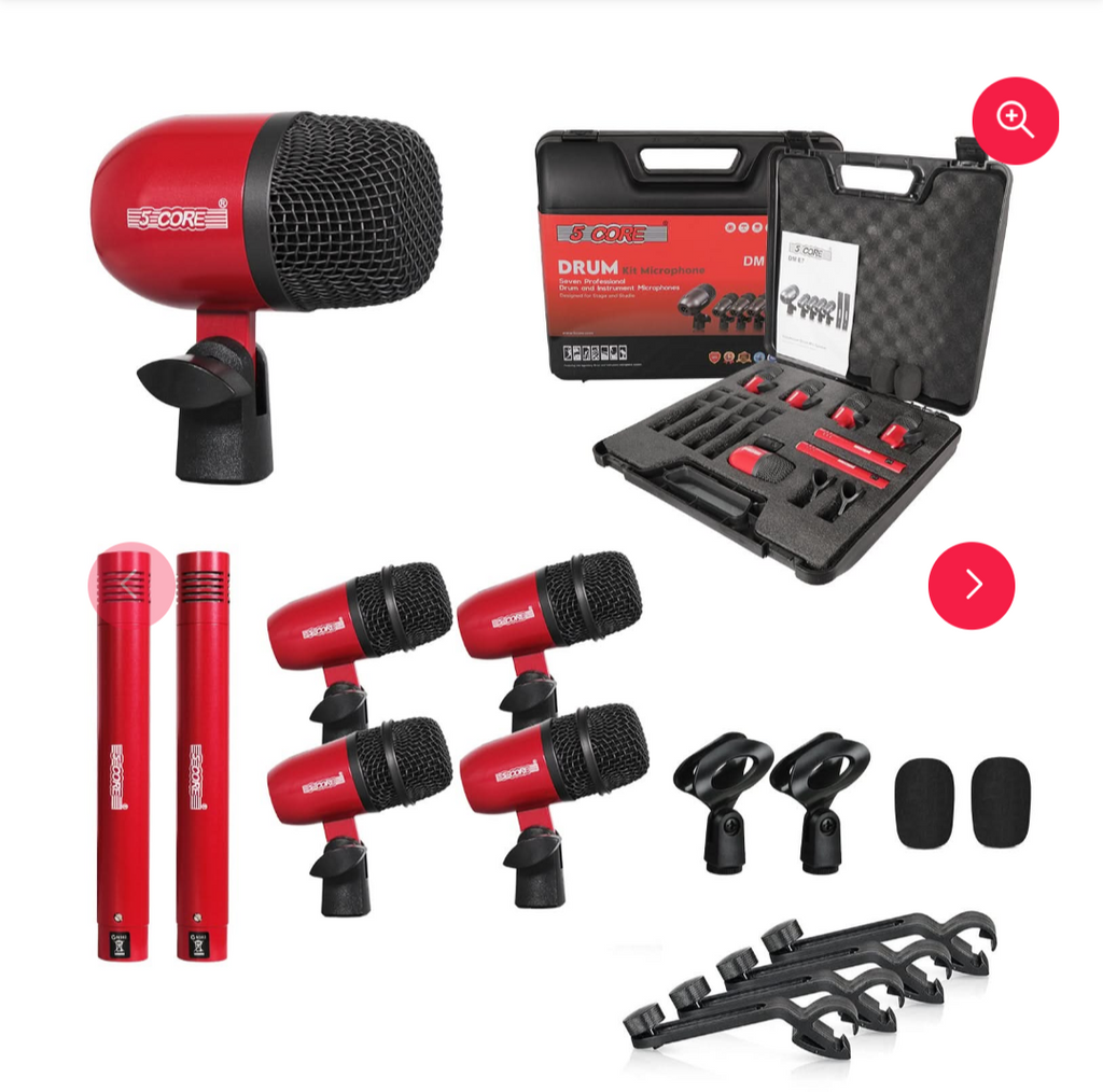 5CORE red and black 7-piece drum microphone kit with carrying case, drum mics, instrument mics, clips, and windscreens