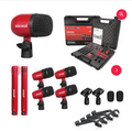 5CORE red and black 7-piece drum microphone kit with carrying case, drum mics, instrument mics, clips, and windscreens