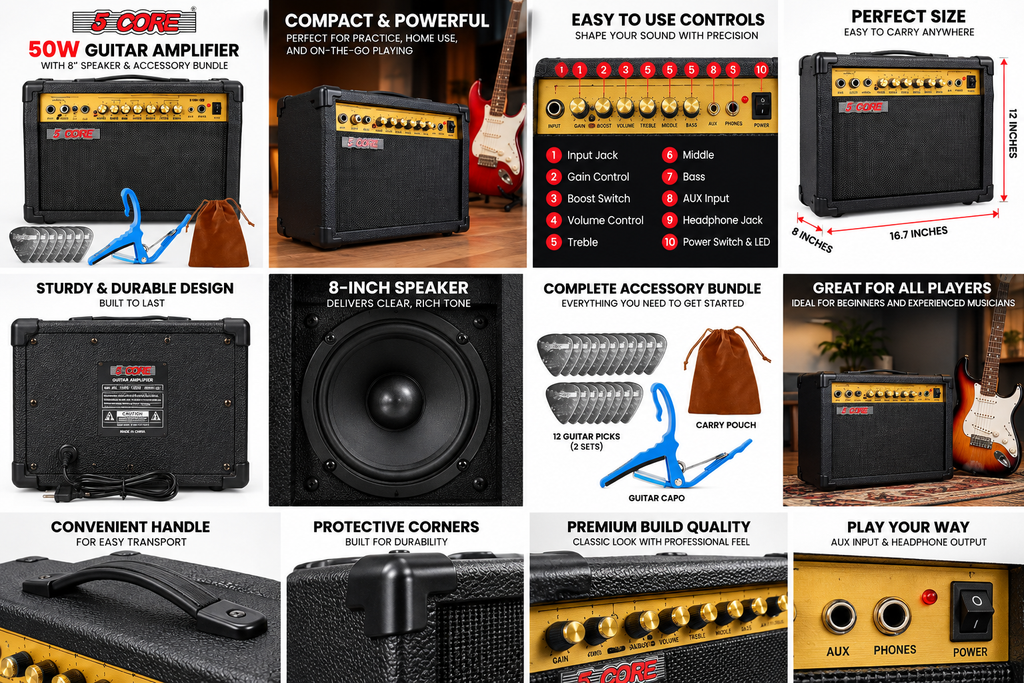 5CORE 50W guitar amplifier feature collage showing compact design, controls, speaker, and accessories