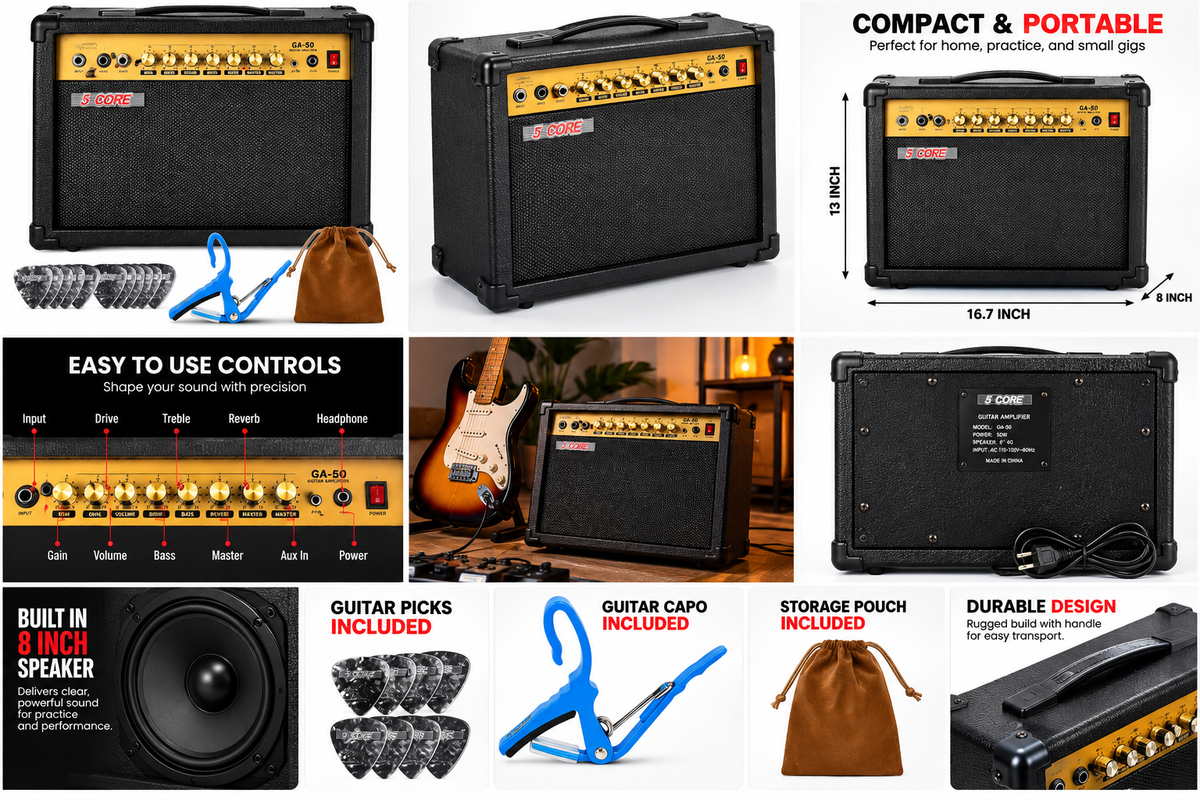5CORE GA-50 amplifier gallery collage showing front, angled, controls, dimensions, speaker, rear, and included accessories