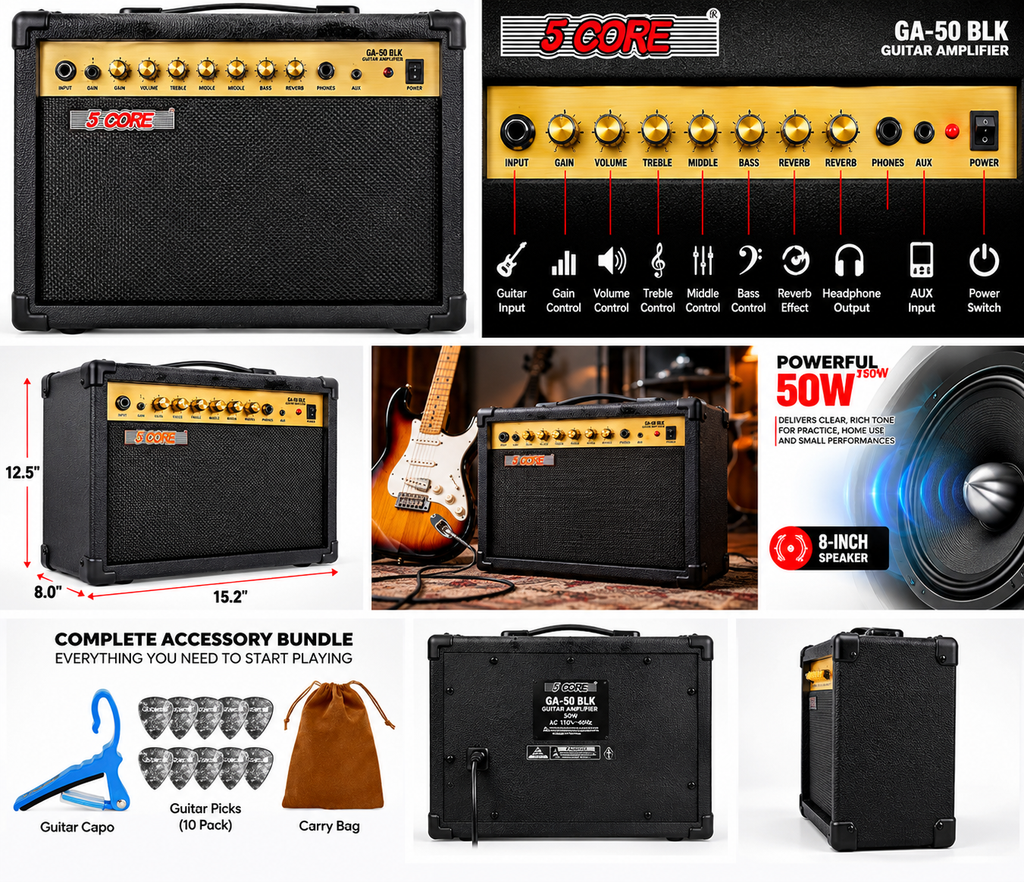 5CORE GA-50 BLK guitar amplifier infographic collage showing control panel, 8-inch speaker, dimensions, and accessory bundle