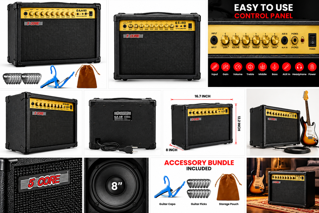 5CORE GA-50 guitar amplifier product collage with front, rear, side, dimensions, speaker, and accessory views