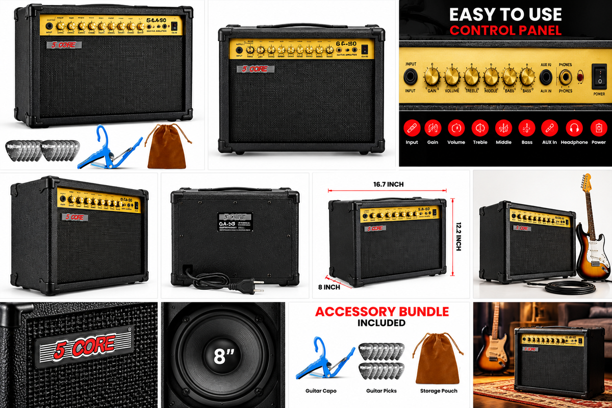 5CORE GA-50 guitar amplifier product collage with front, rear, side, dimensions, speaker, and accessory views