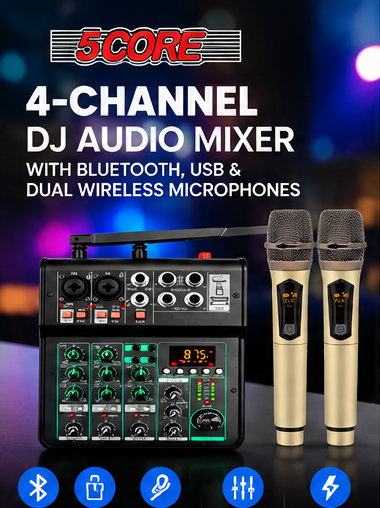 5CORE 4-channel DJ audio mixer with two gold wireless microphones