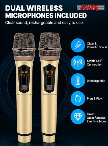 Close-up feature image showing the two gold wireless microphones included with the 5CORE mixer