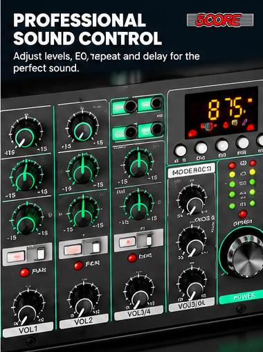 Close-up of the 5CORE audio mixer control knobs and display