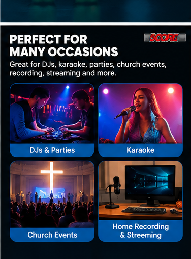 Illustrative use cases for a compact audio mixer including DJ events, karaoke, church events, and streaming