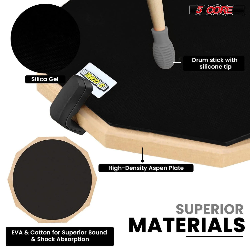 Drum Practice Pad Set 12" Adjustable Snare Drumming Stand Double Sided
