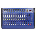 Close-up of the blue powered audio mixer control panel and channel faders