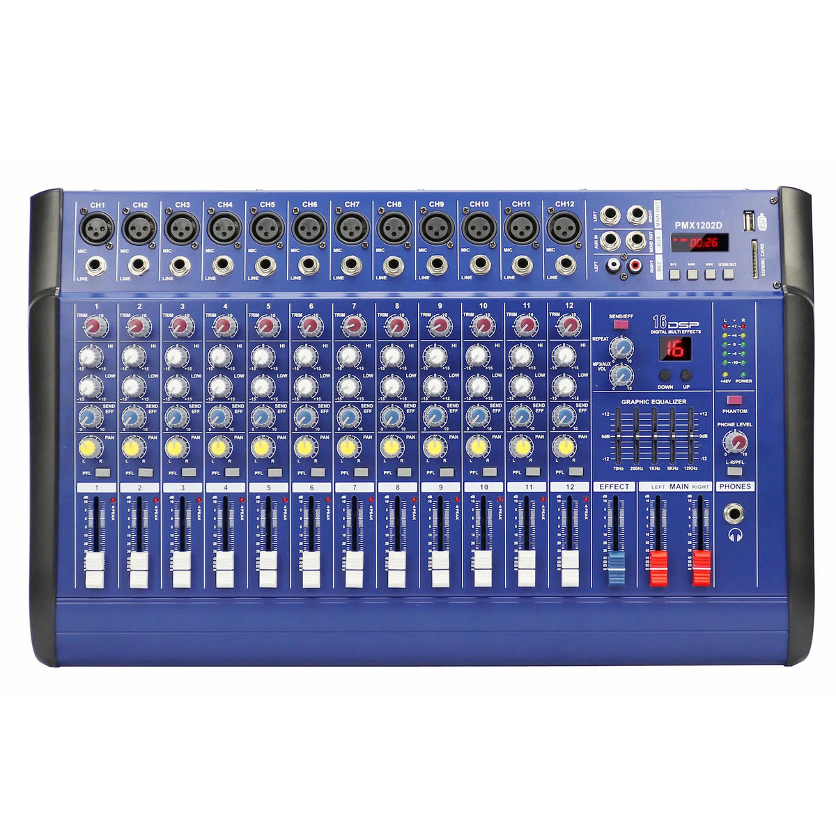 Close-up of the blue powered audio mixer control panel and channel faders