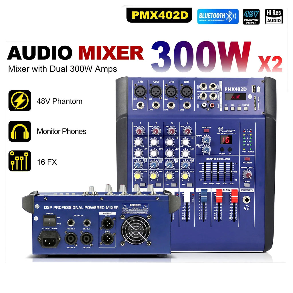PMX402D audio mixer showing 48V phantom power, monitor output and channel controls