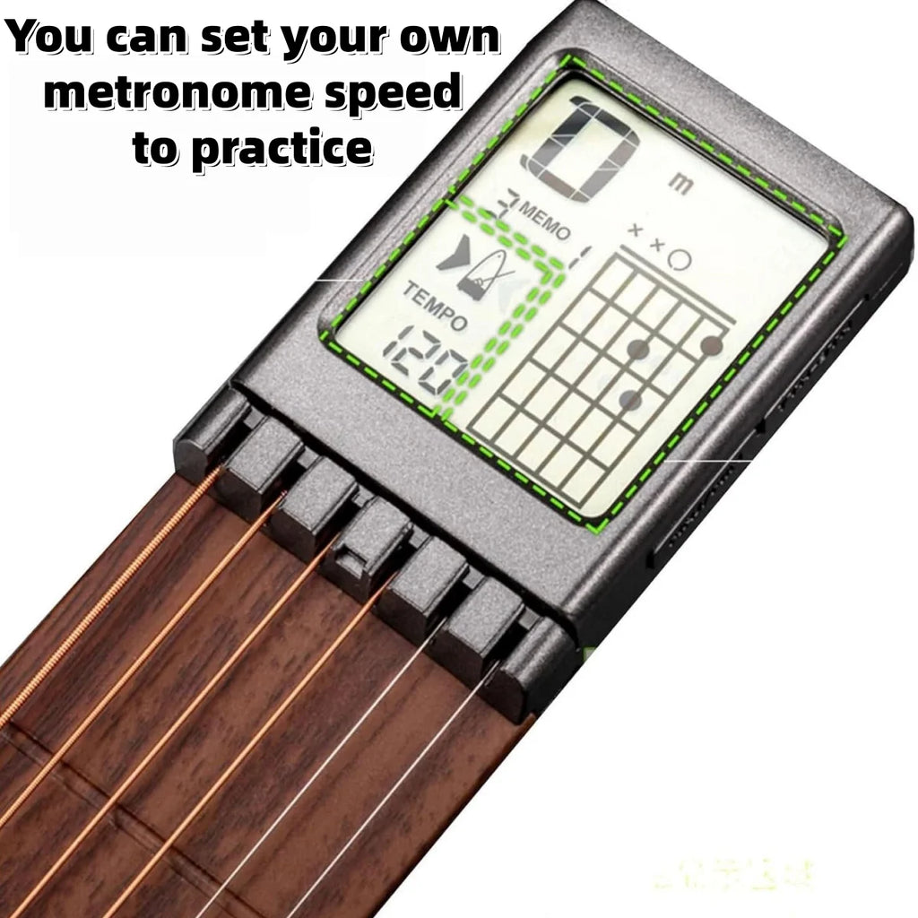 Black portable guitar chord trainer with steel strings for beginner practice