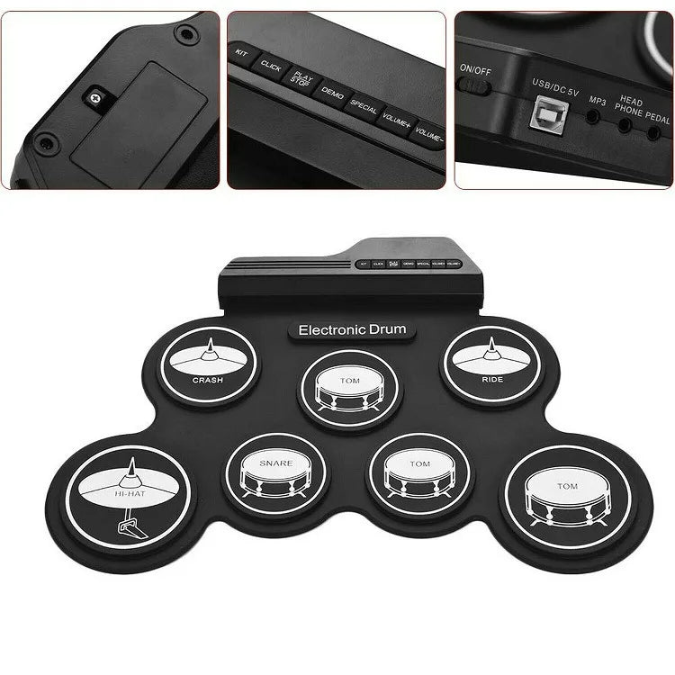 Portable 7-Pad Roll-Up Electronic Drum Set with Headphone Output