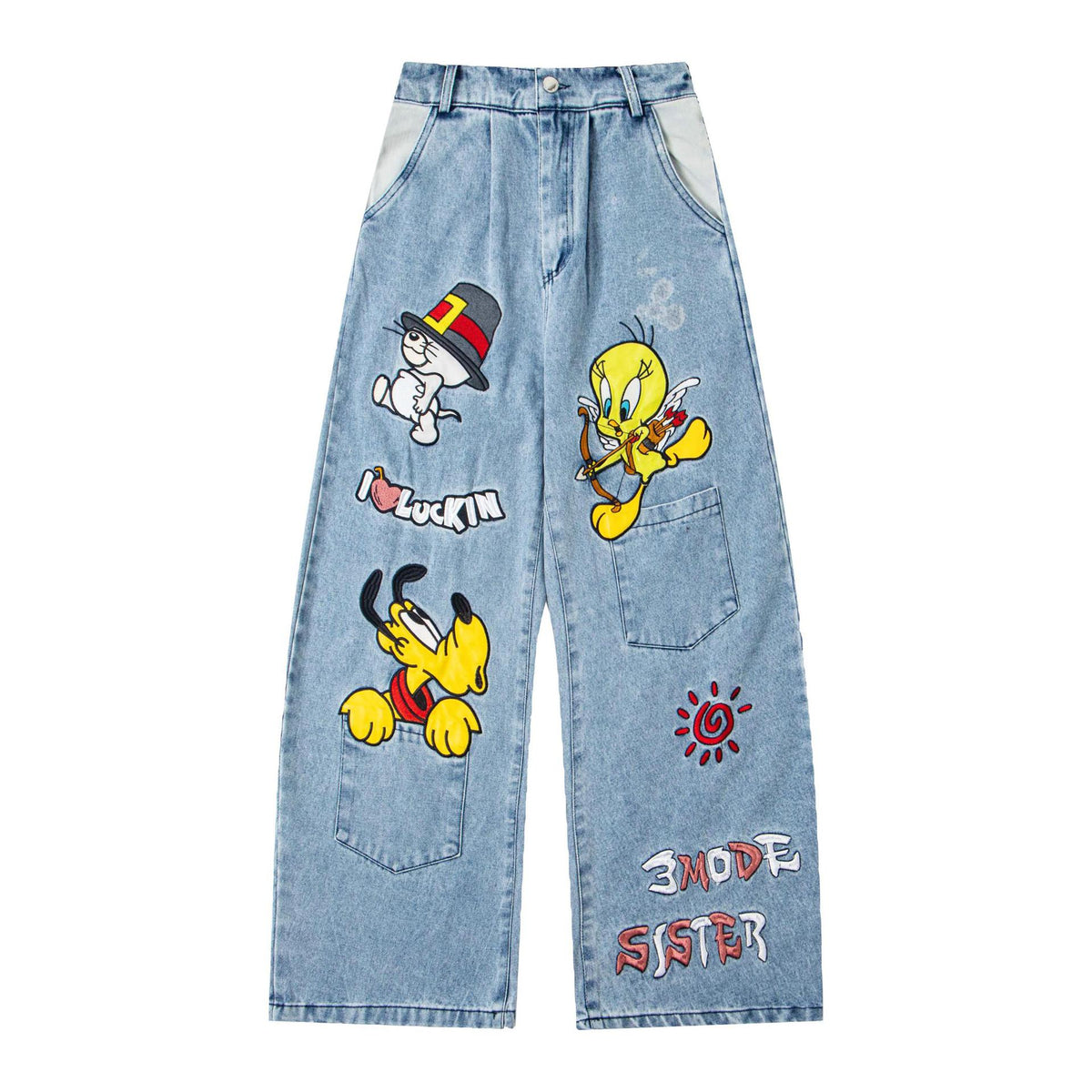 Embroidered washed denim jeans